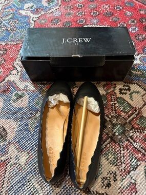 J. Crew Black Scalloped Edge Leather Ballet Flats